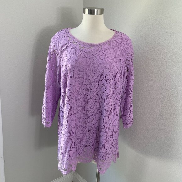 Isaac Mizrahi Live! Womens Plus 1X Lavender Lace Overlay Tunic Top 3/4 Sleeve - Picture 1 of 9
